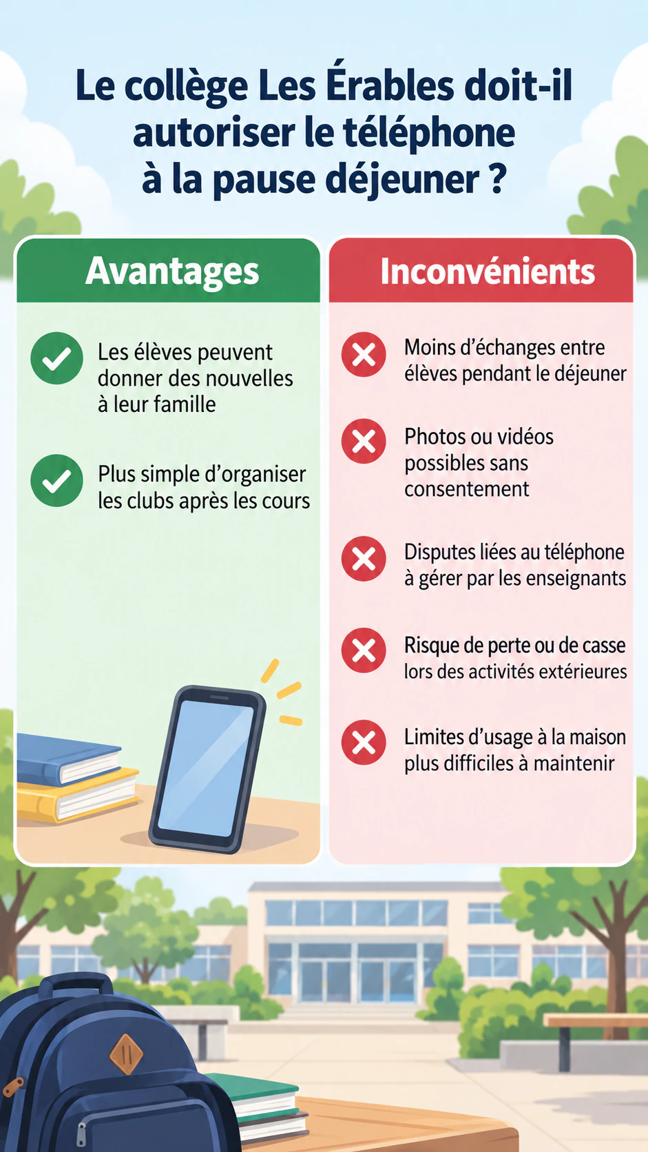 Infographie comparative des avantages et inconvénients : Deux avantages, cinq inconvénients longs et aucune origine