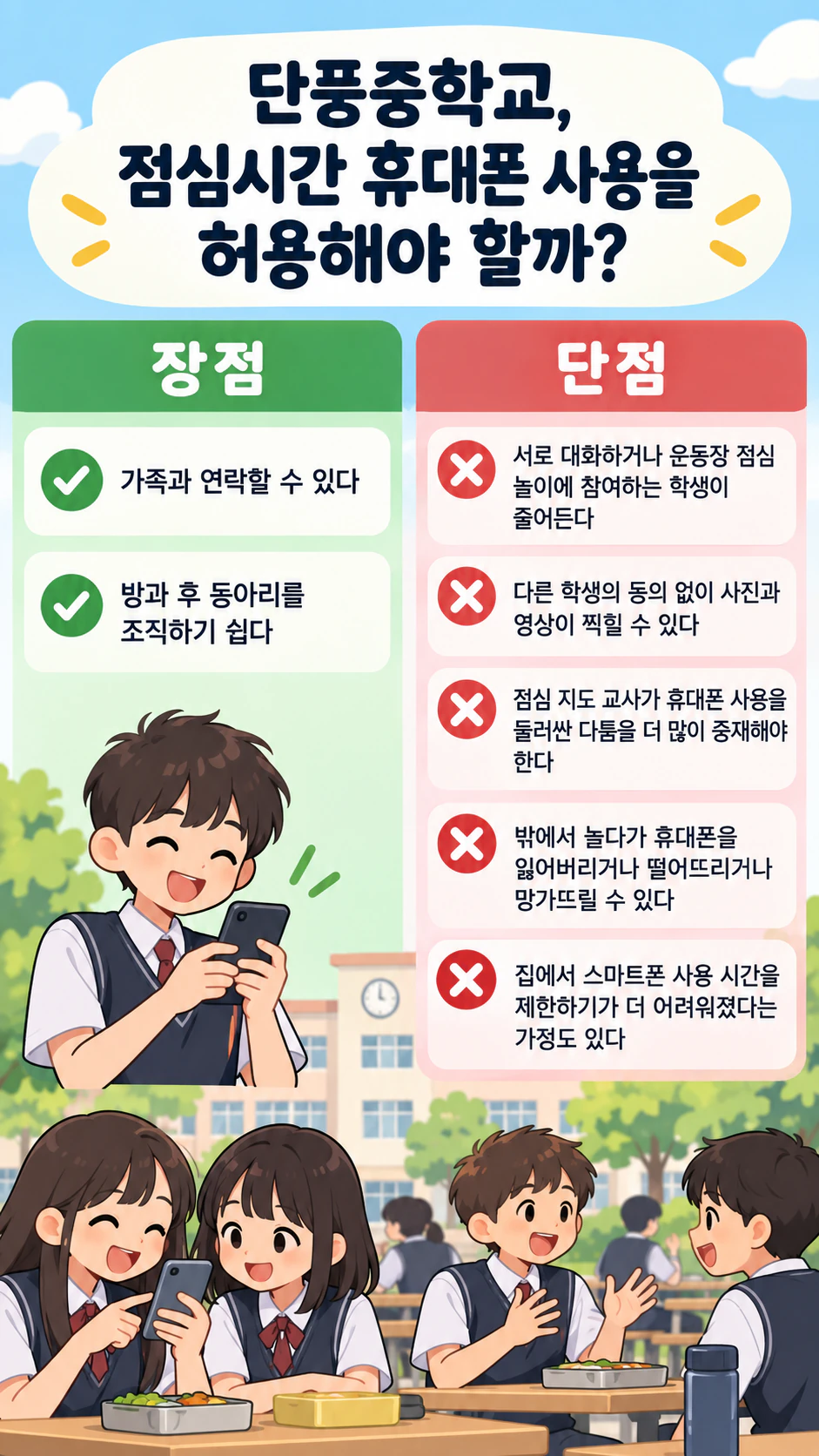 장단점 비교 인포그래픽: 장점 둘, 긴 단점 다섯, 근거 없음