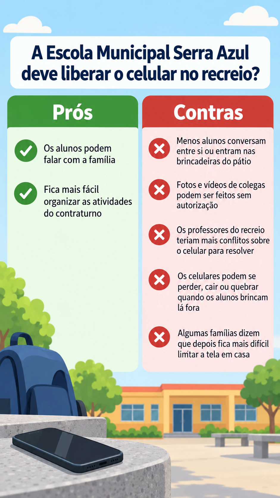Infográfico comparativo de prós e contras: Dois prós, cinco contras longos e sem base