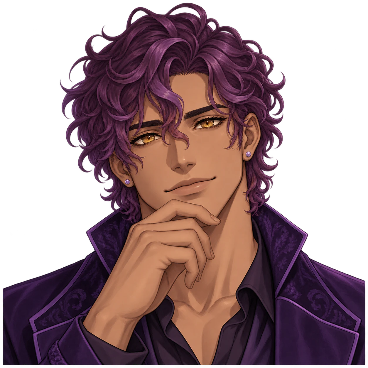 Purple anime profile picture: Plum curls and lilac earrings