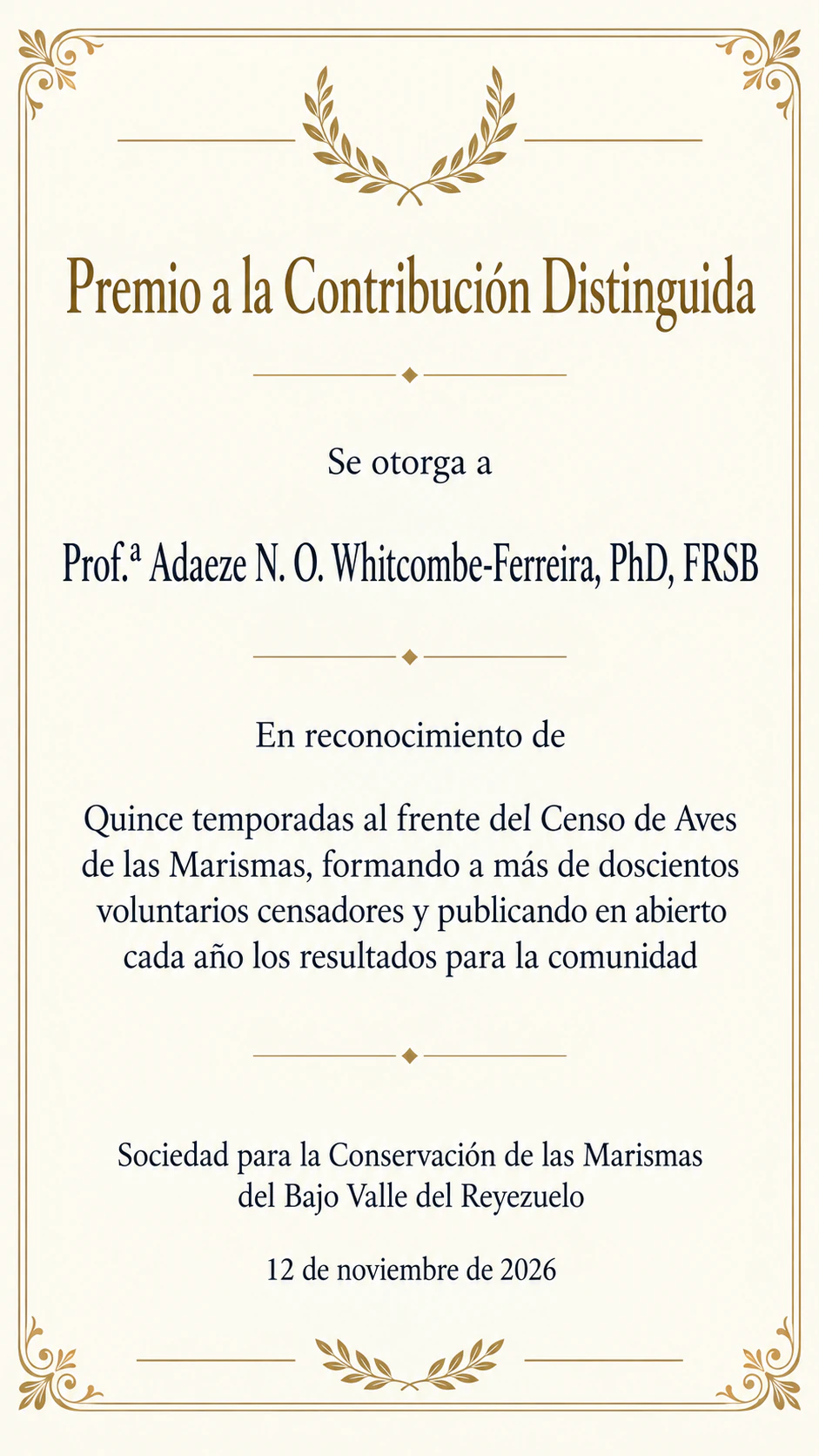 Certificado de reconocimiento por un logro: Nombre con tratamiento, iniciales y siglas posnominales, encabezado propio, en vertical