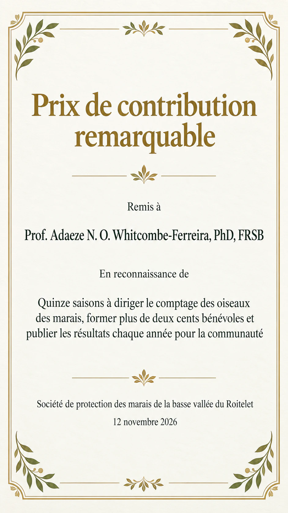 Certificat de reconnaissance pour une réalisation précise : Nom avec titres et initiales, intitulé personnalisé en portrait