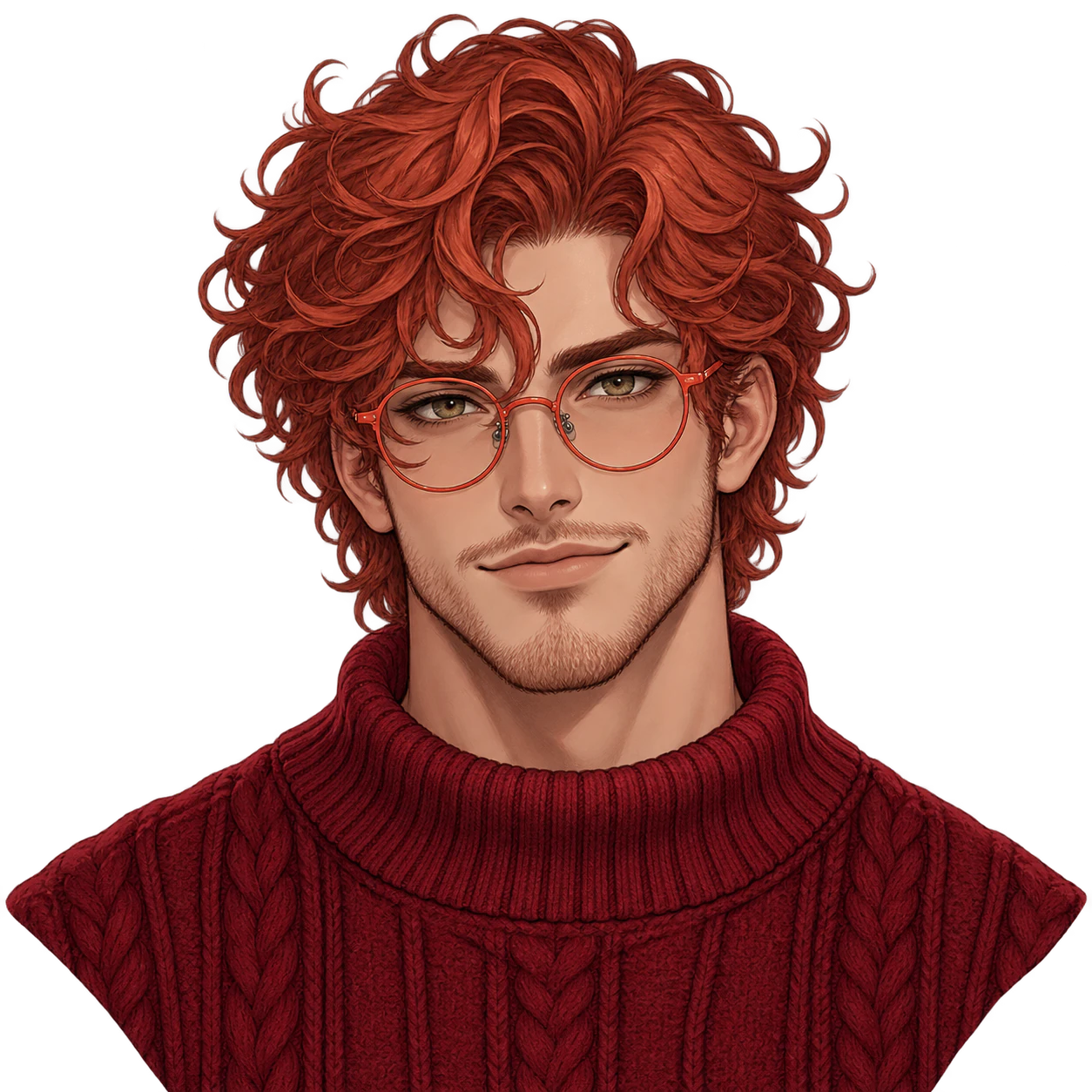 Red anime profile picture: Copper-red curls and coral glasses