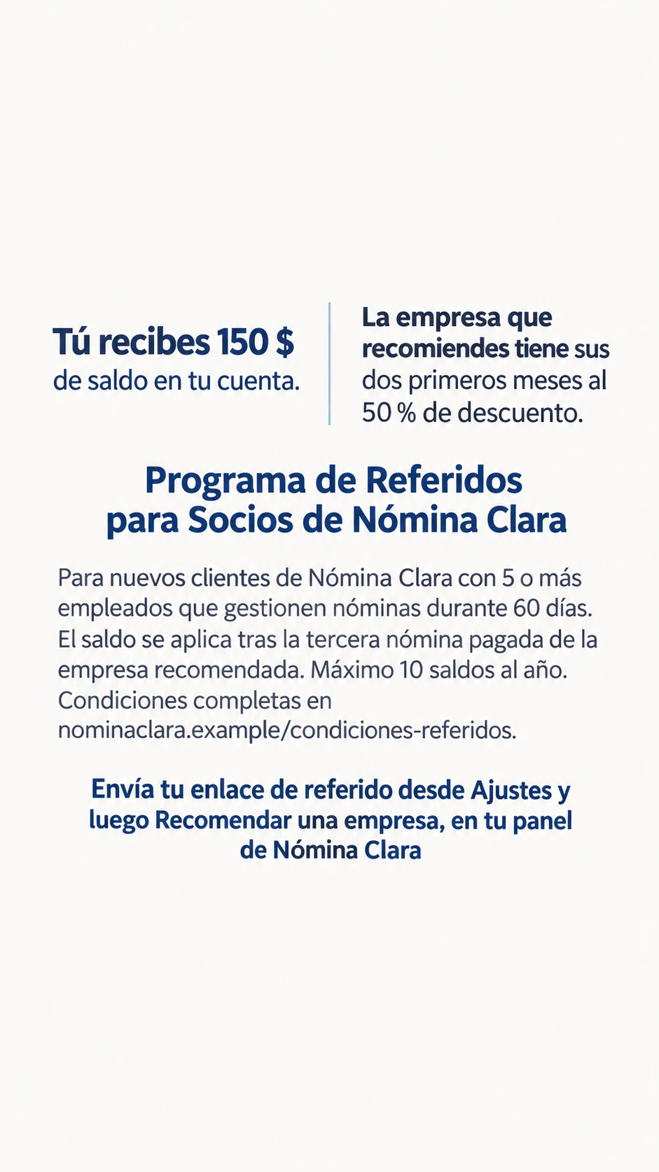 Post de referidos que muestra la recompensa y las condiciones juntas: Referidos entre empresas con recompensas distintas y condiciones largas, en formato historia