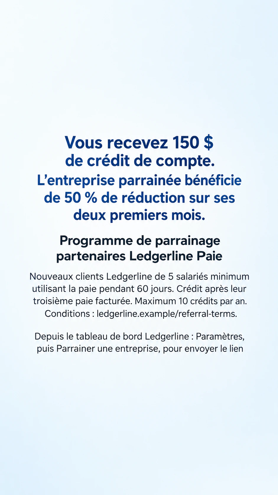 Publication de parrainage avec récompense et conditions visibles : Parrainage entre entreprises, récompenses distinctes et règles longues