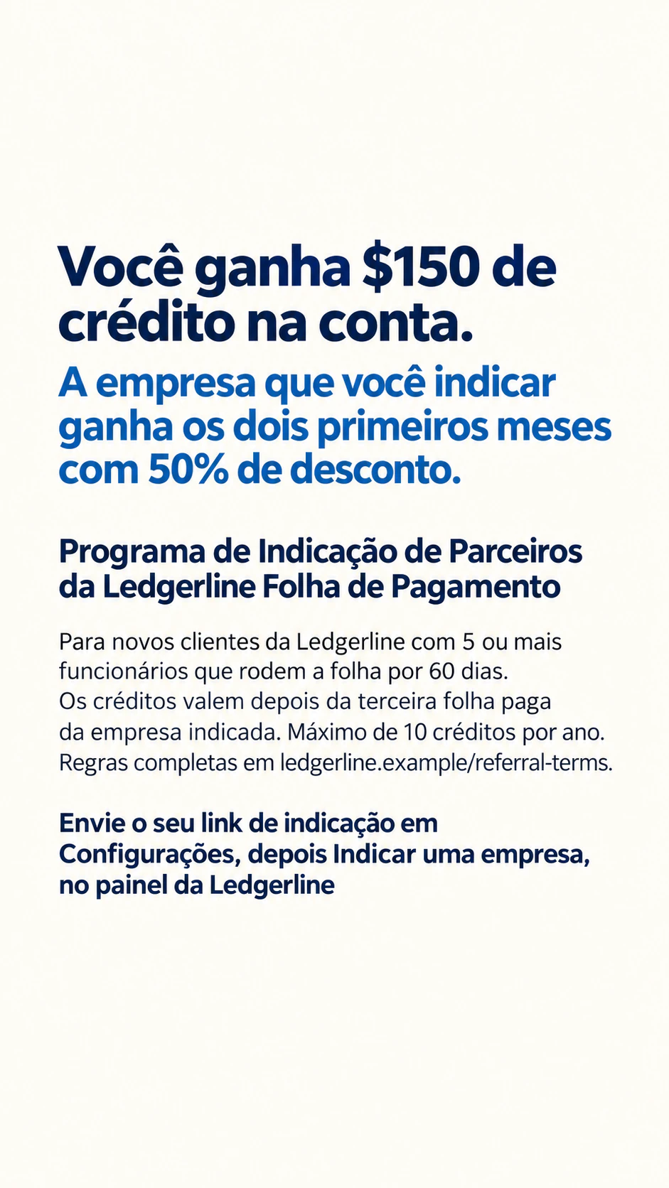 Post de indicação que mostra a recompensa e as regras juntas: Indicação entre empresas com recompensas diferentes e regras longas, em Story