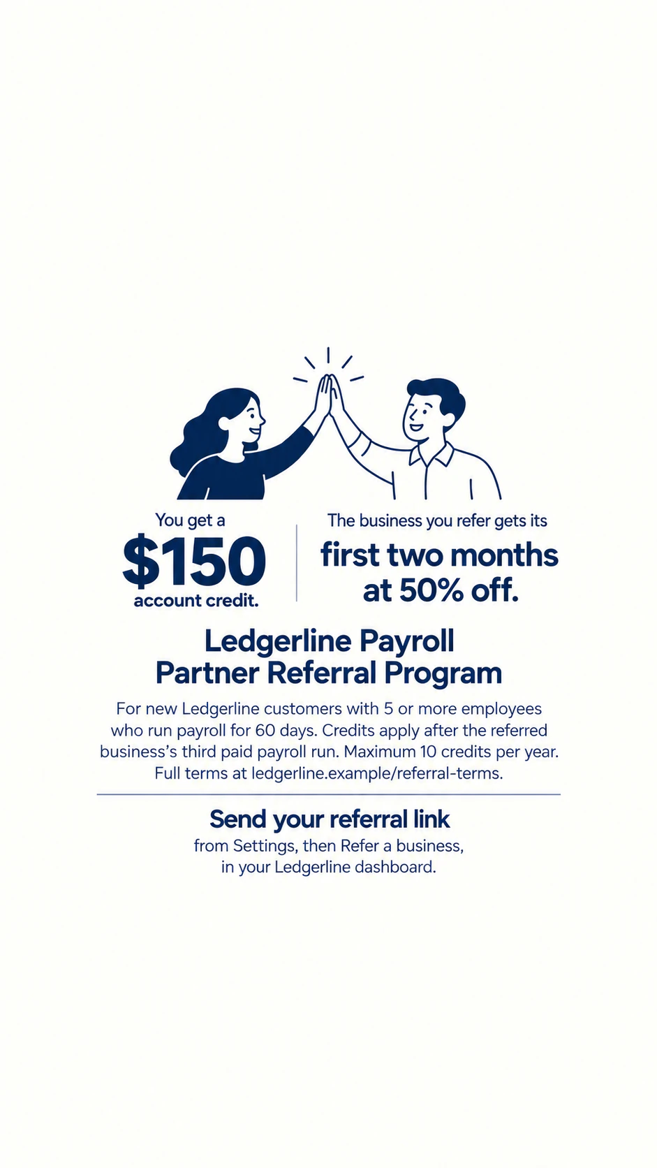 Referral post that shows the reward and the rules together: Business-to-business referral with different rewards and long terms, as a Story