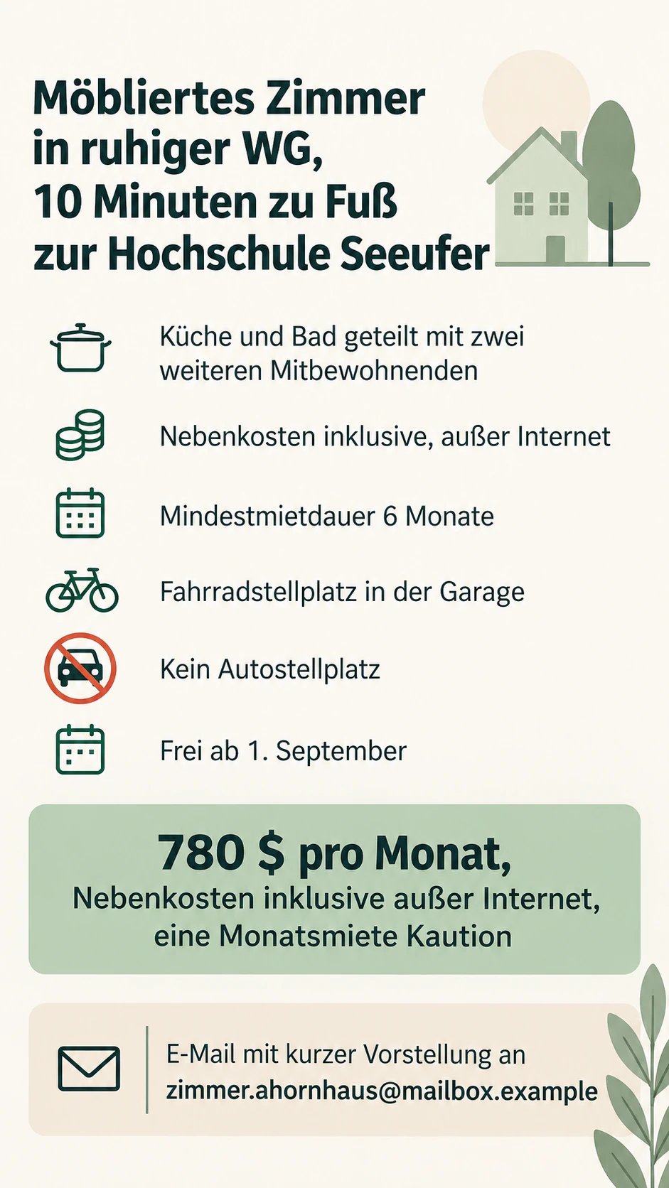 Mietanzeige als Bild für eine Wohnung oder ein Zimmer, das du vermietest: Zimmer in einer WG, sechs Fakten und kein Foto