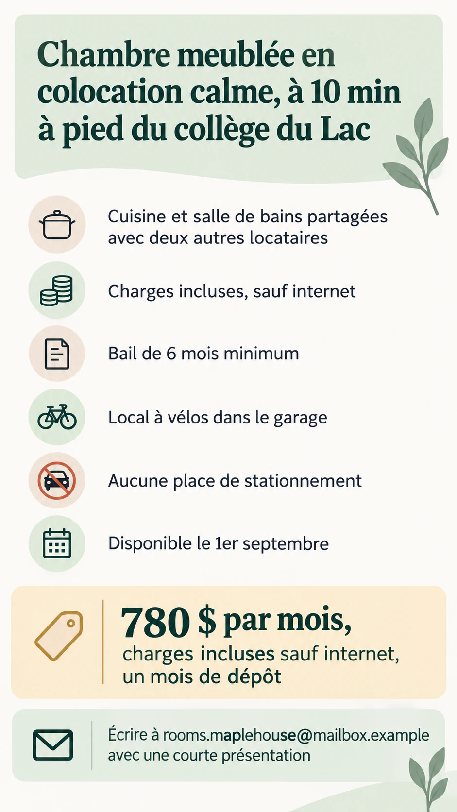 Affiche de location avec les faits réels du logement : Chambre en colocation, six caractéristiques et aucune photo