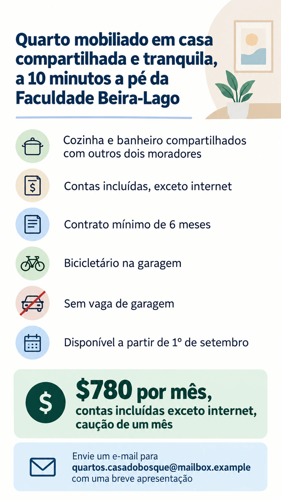 Anúncio de aluguel para um imóvel ou quarto que você está alugando: Quarto em casa compartilhada, seis informações e sem foto