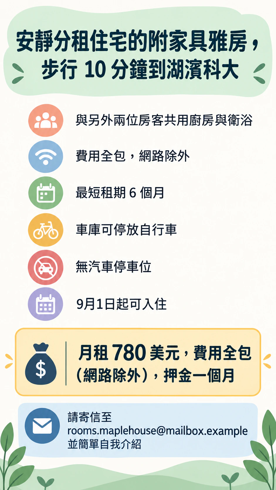 房屋或房間出租用的出租廣告圖：分租住宅中的雅房，六項條件，沒有照片