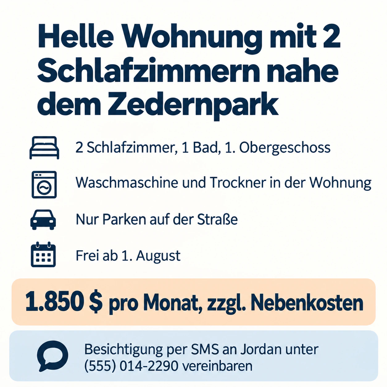 Beispiel: Mietanzeige als Bild für eine Wohnung oder ein Zimmer, das du vermietest