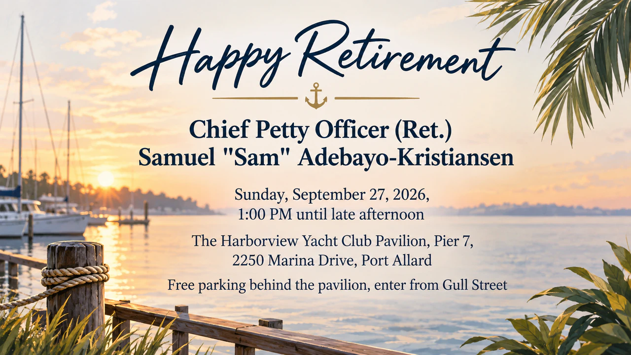 Retirement party invitation: Long venue and parking directions, honorific, no RSVP or style, wide