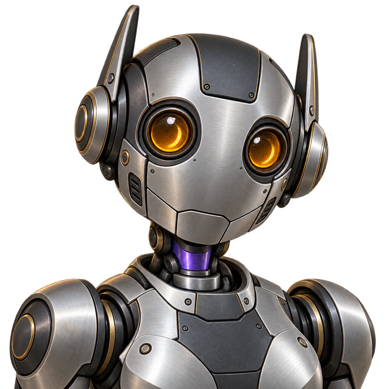 An original robot avatar: A brushed-steel robot with amber lenses