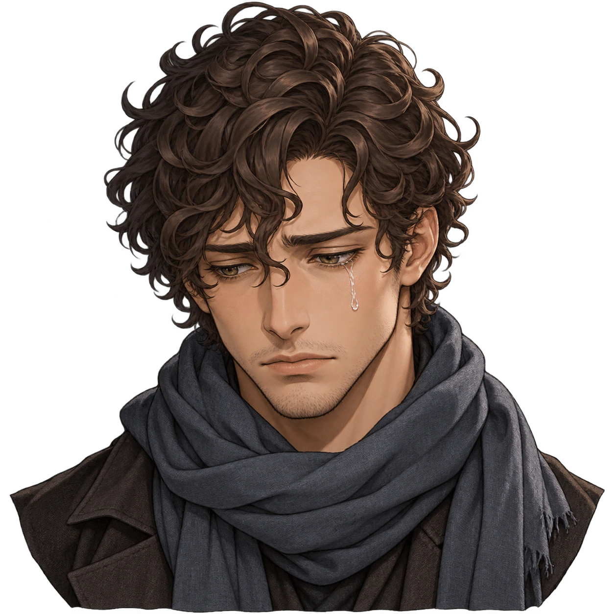 Sad anime profile picture: Dark curls and one tear