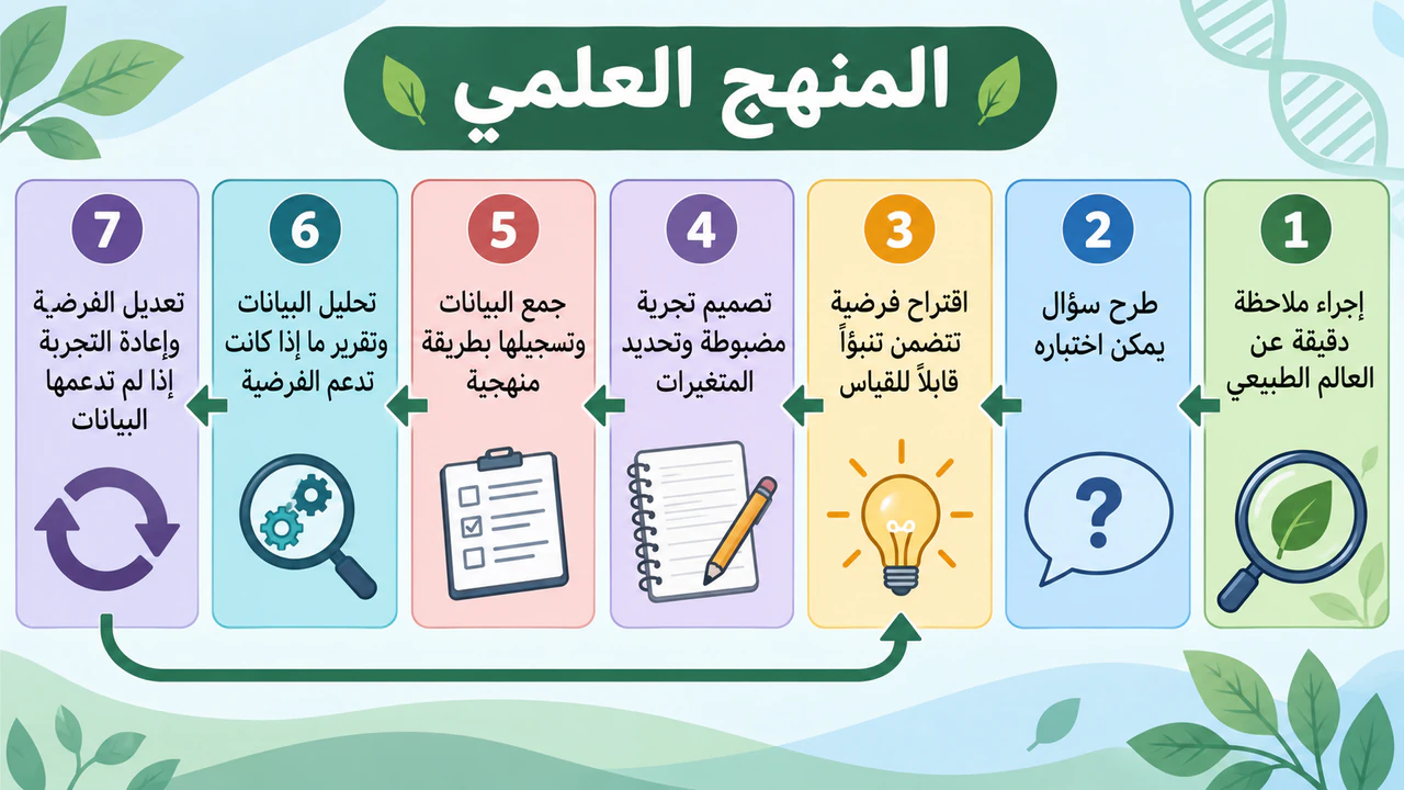 إنفوجرافيك خطوات المنهج العلمي: سبع خطوات طويلة للمرحلة الثانوية مع حلقة مراجعة ودون مثال