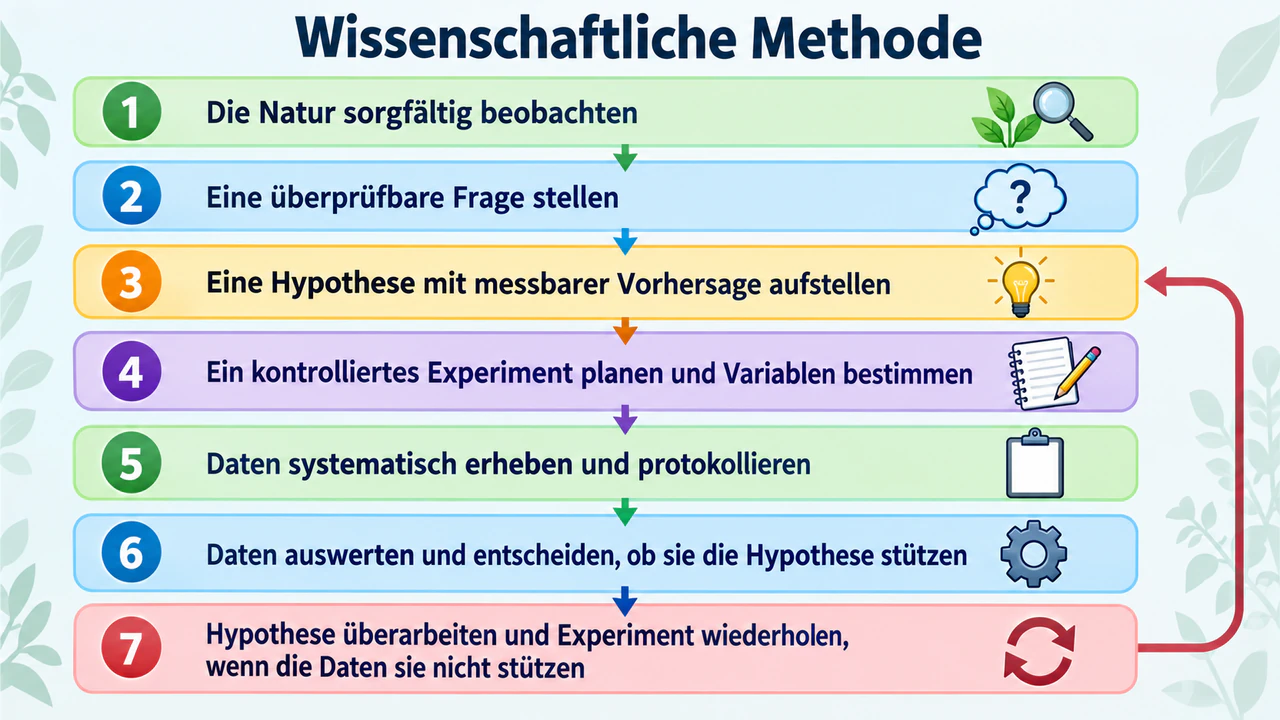 Infografik zu den Schritten der wissenschaftlichen Methode: Sieben lange Schritte für die Oberstufe mit Überarbeitungsschleife und ohne Beispiel
