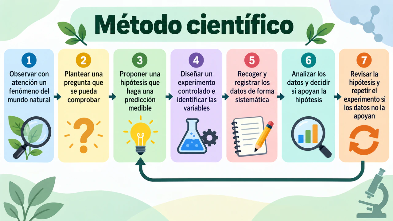 Infografía con los pasos del método científico: Siete pasos largos para secundaria con un bucle de revisión y sin ejemplo