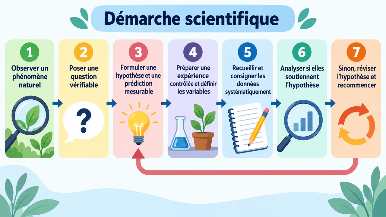 Infographie des étapes de la démarche scientifique : Sept longues étapes pour le lycée, avec une boucle de révision et sans exemple
