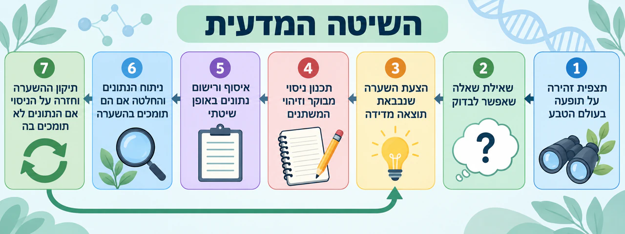 אינפוגרפיקה של שלבי השיטה המדעית: שבעה שלבים ארוכים לתיכון עם לולאת תיקון ובלי דוגמה