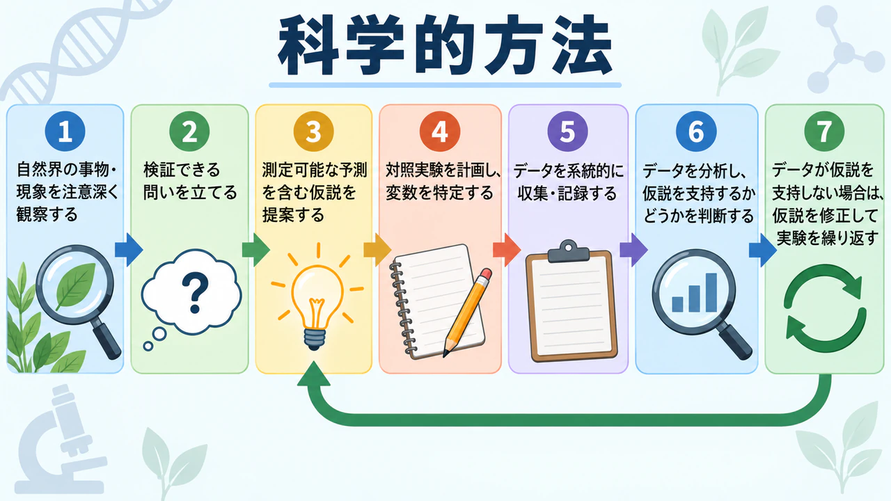 科学的方法の手順を示すインフォグラフィック：見直しのループがあり、具体例のない高校生向けの長い7つの手順