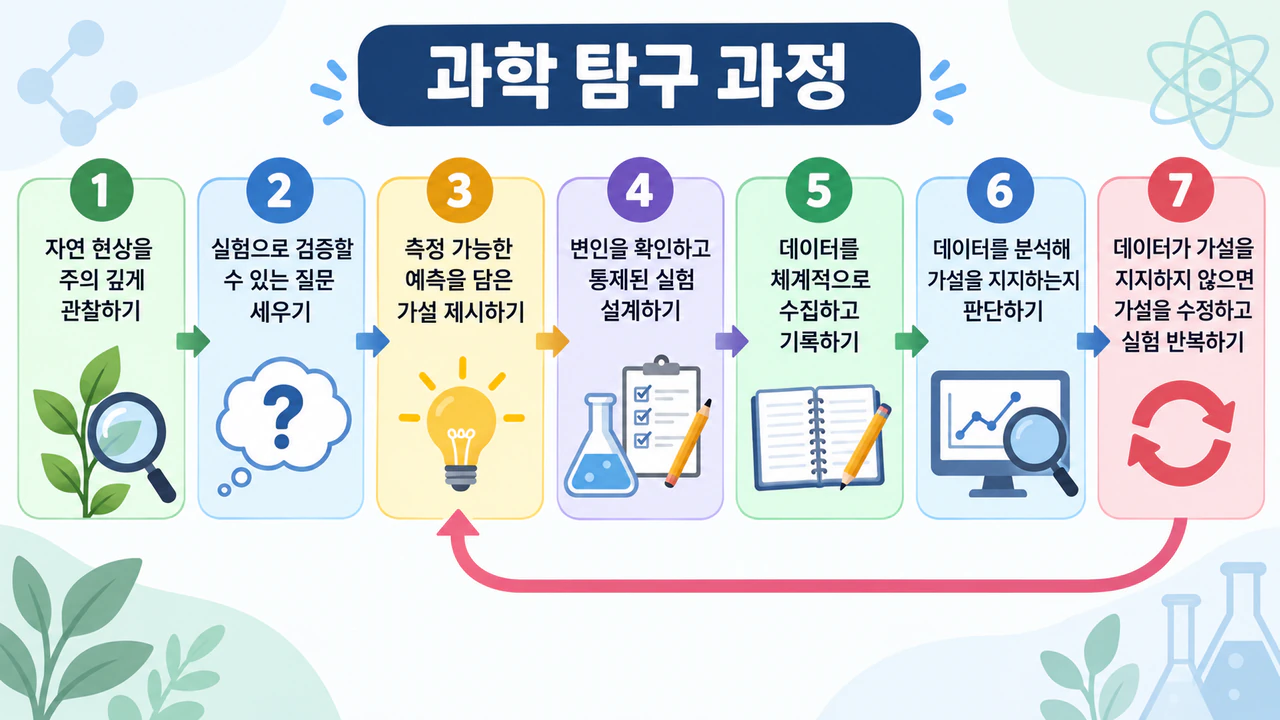과학적 탐구 과정 단계 인포그래픽: 수정 루프가 있고 예시가 없는 고등학생용 긴 7단계