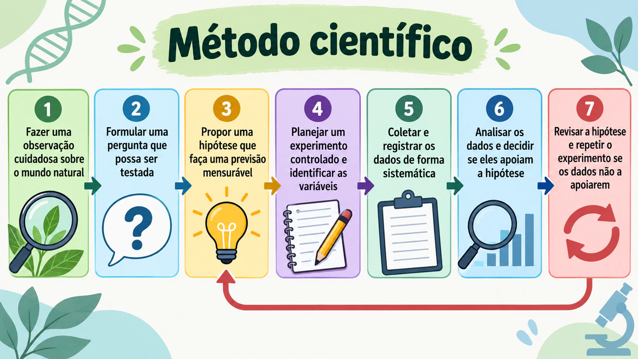 Infográfico das etapas do método científico: Sete etapas longas para o ensino médio, com loop de revisão e sem exemplo
