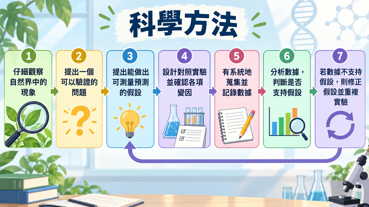 科學方法步驟資訊圖表：高中的七個長步驟，含修正迴圈，沒有實例