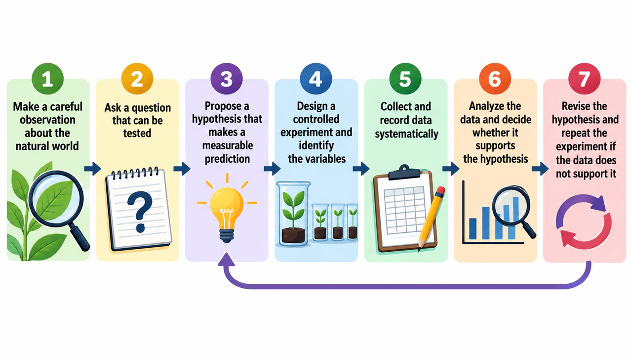 Scientific method steps infographic: Seven long steps for high school with a revise loop and no example
