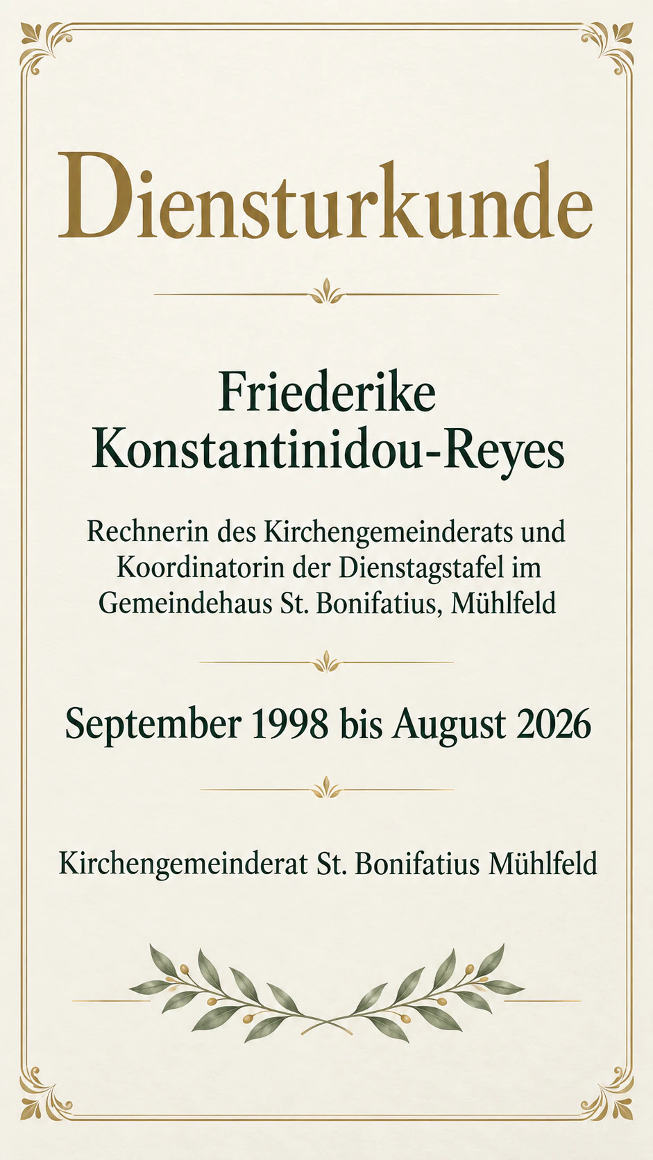 Jubiläumsurkunde für einen Dienst-Meilenstein: Monatsgenauer Zeitraum, lange Rollenbeschreibung, keine Jubiläumszeile