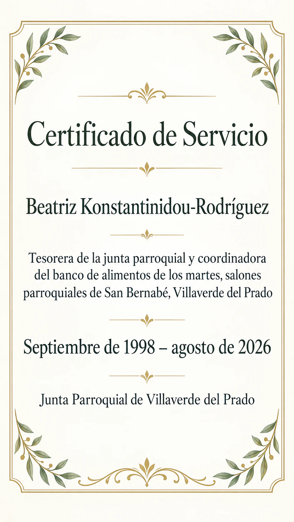 Certificado de años de servicio para una fecha señalada: Periodo con meses exactos, cargo largo y sin línea de aniversario