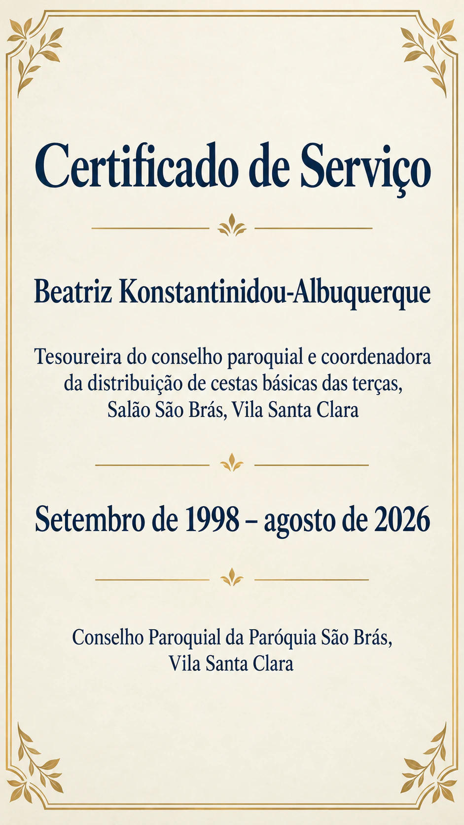 Certificado de tempo de serviço para um marco: Período com mês exato, descrição longa da função e sem frase de marco