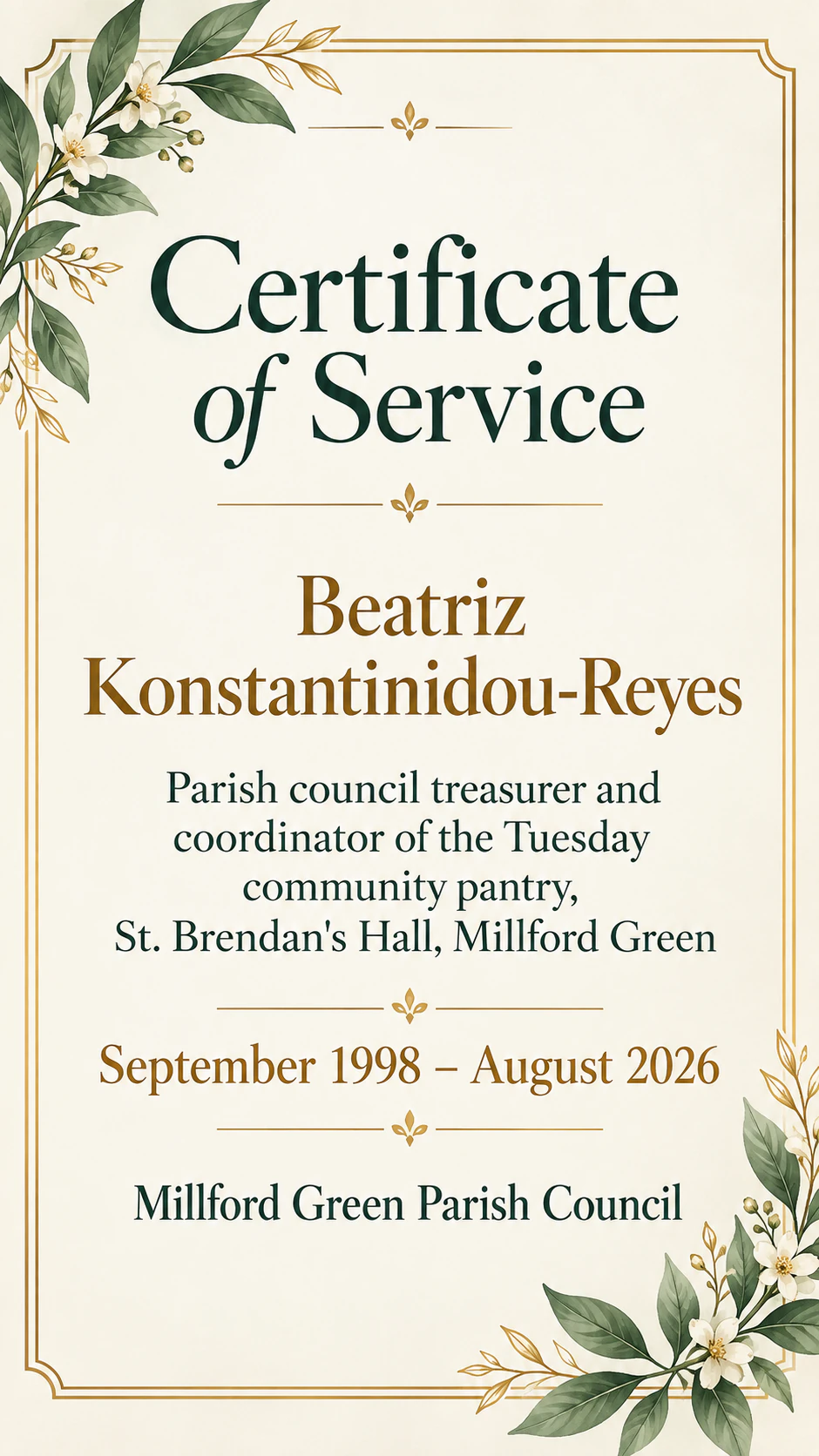 Certificate of service for a milestone: Month-precise period, long role description, no milestone line