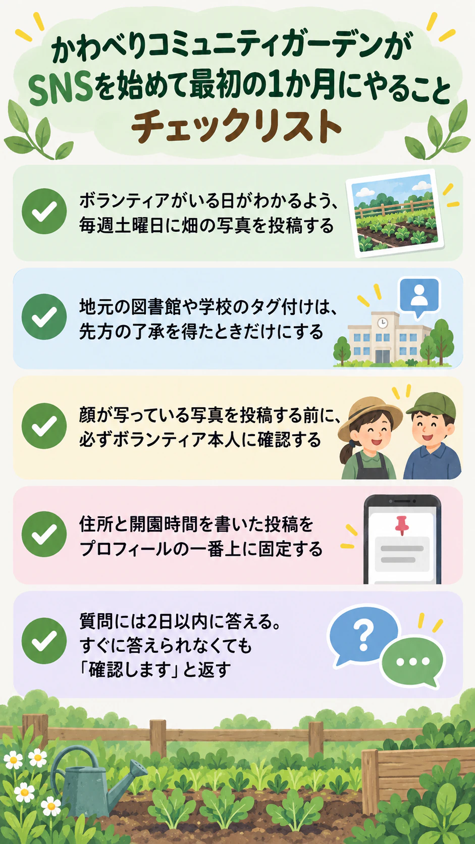 SNSの分析結果とコツをまとめるインフォグラフィック：長いテーマで数字も出典もない、コツだけの構成