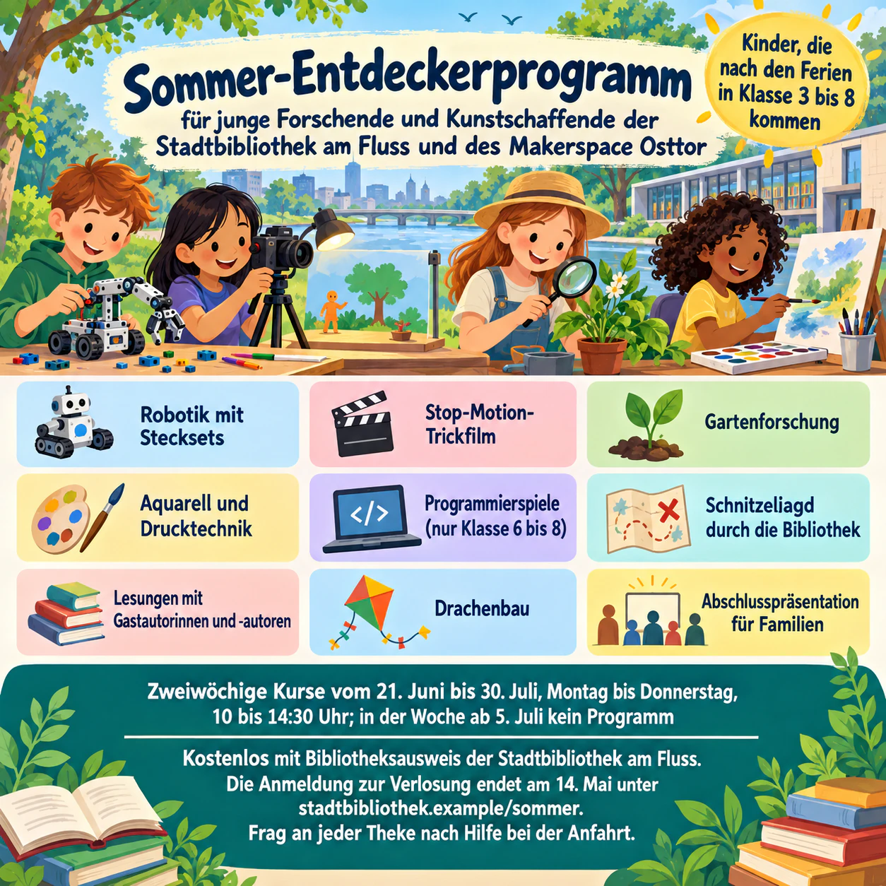 Flyer fürs Feriencamp mit Aktivitäten und Anmeldebereich: Programm für Technik und Kunst nach Klassenstufen, mit neun Aktivitäten und einer Zeile zur Förderung