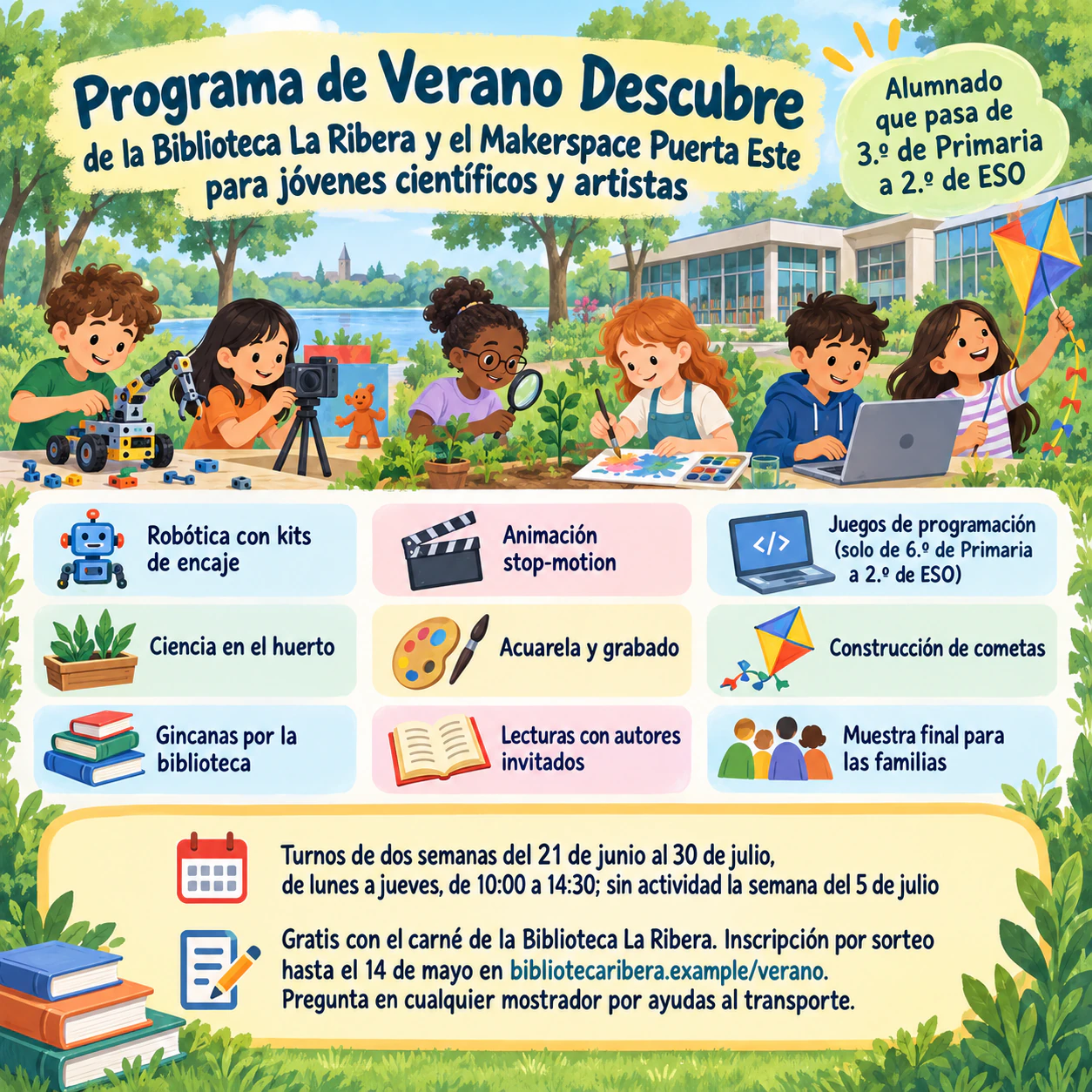 Folleto de campamento de verano con actividades y un panel de inscripción: Programa de ciencia y arte por cursos con nueve actividades y una línea de gratuidad