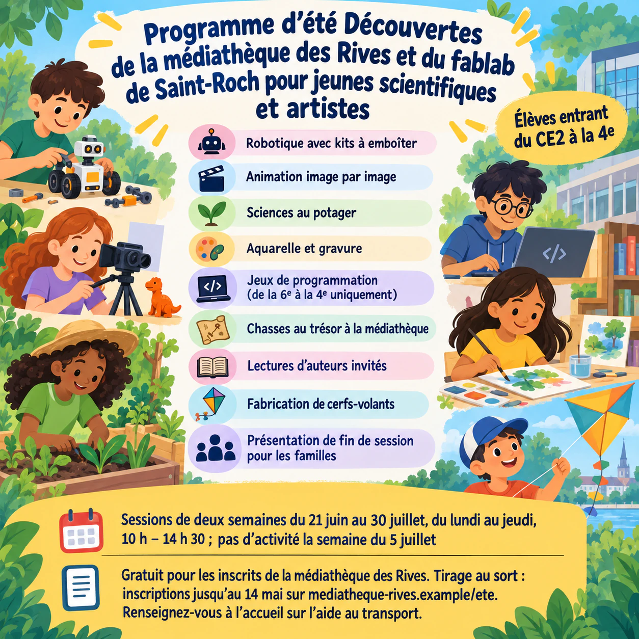 Flyer de centre de loisirs d’été avec activités et encadré d’inscription : Programme sciences et arts par niveau scolaire, neuf activités et une ligne de gratuité
