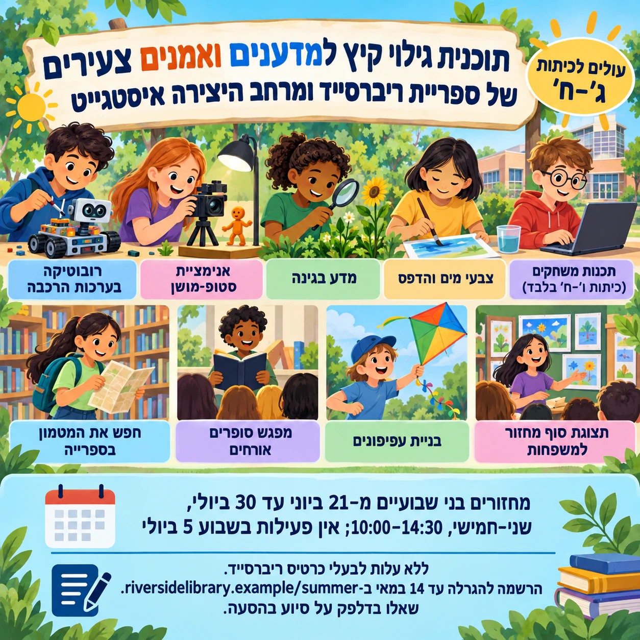 פלייר קייטנה עם פעילויות ולוח הרשמה: תוכנית מדעים ואמנות לפי כיתות עם תשע פעילויות וסיוע