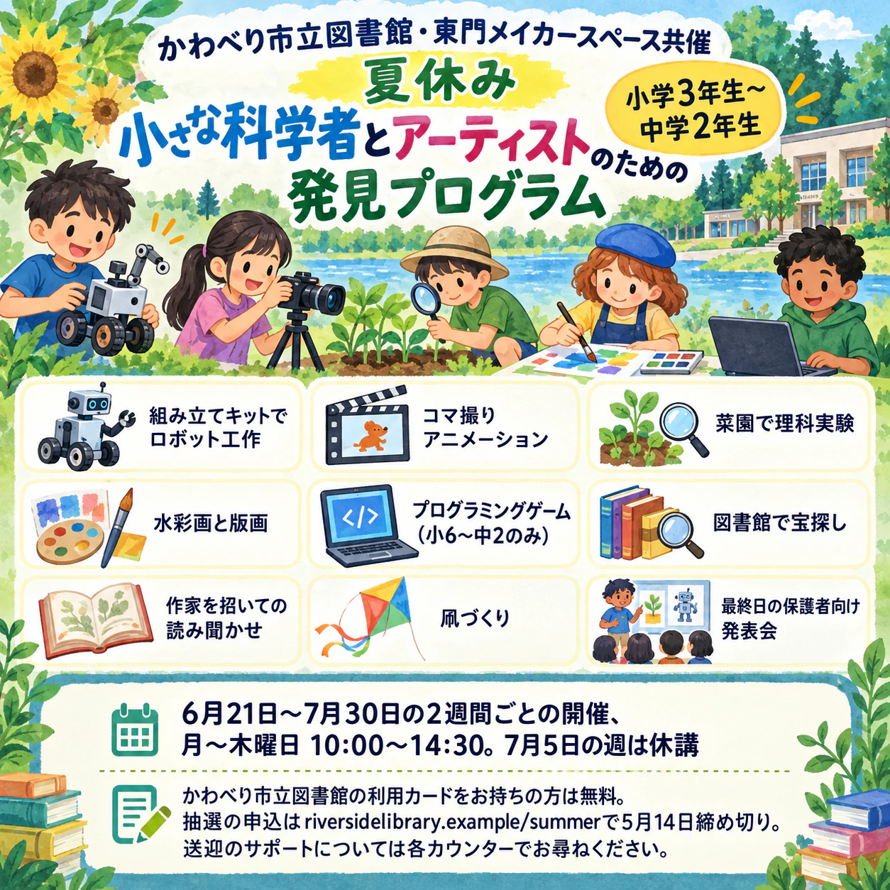 アクティビティと申込欄のあるサマーキャンプのチラシ：9つのアクティビティと参加費無料の案内がある学年別の理科・アートプログラム