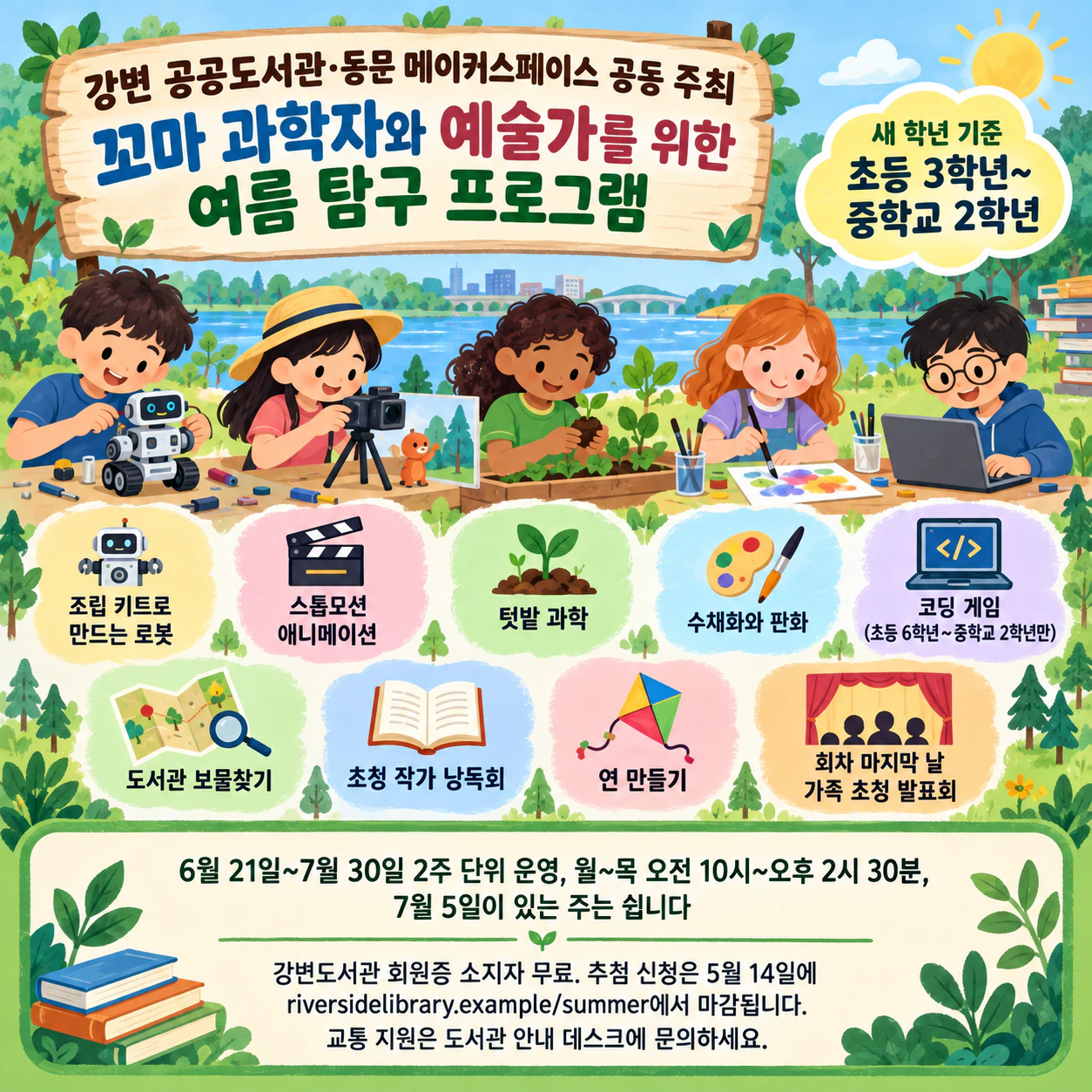 활동 소개와 신청 안내를 담은 여름 캠프 전단지: 활동 아홉 가지와 무료 참가 안내가 있는 학년별 과학·예술 프로그램