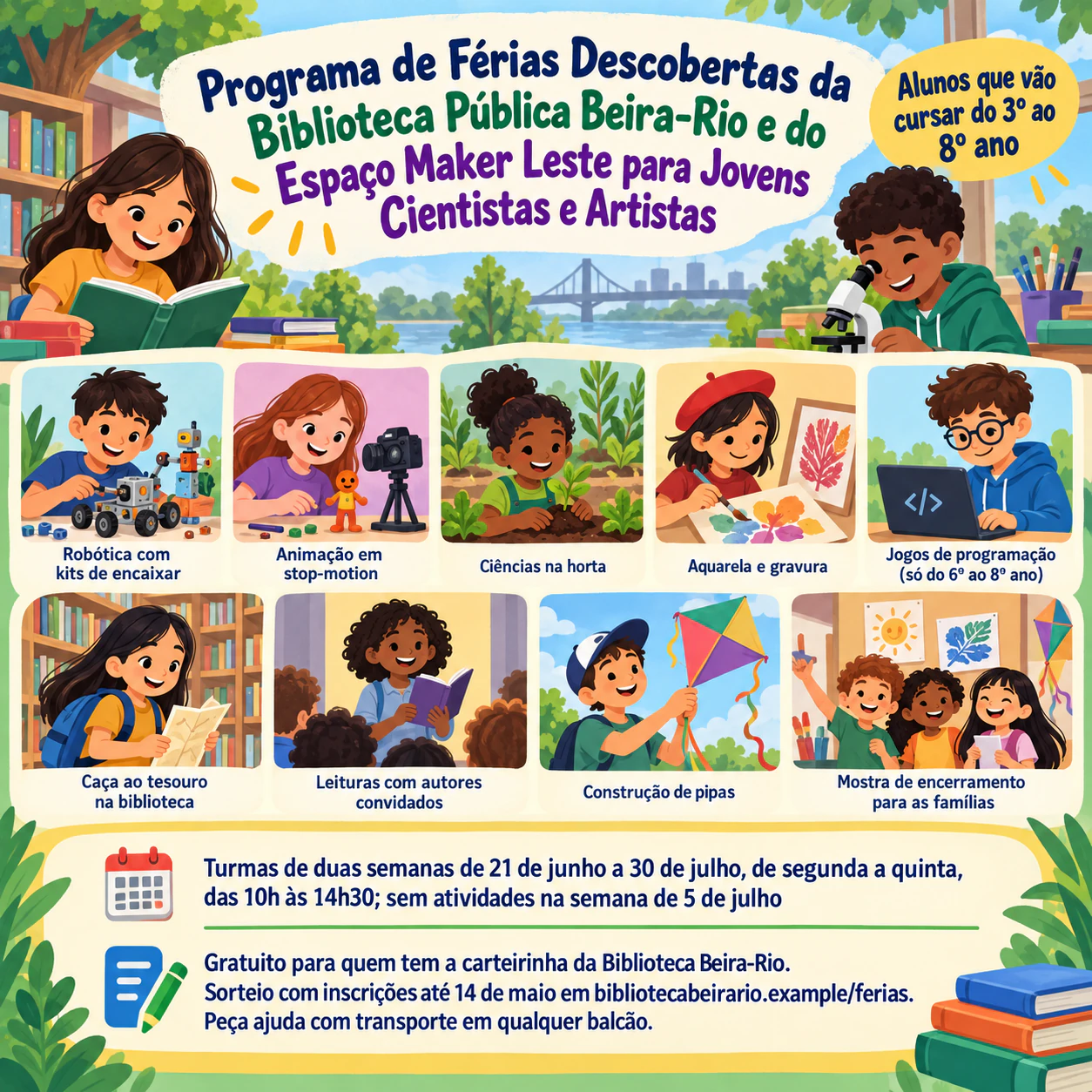 Flyer de colônia de férias com atividades e quadro de inscrição: Programa de ciências e artes por ano escolar, com nove atividades e uma linha de gratuidade