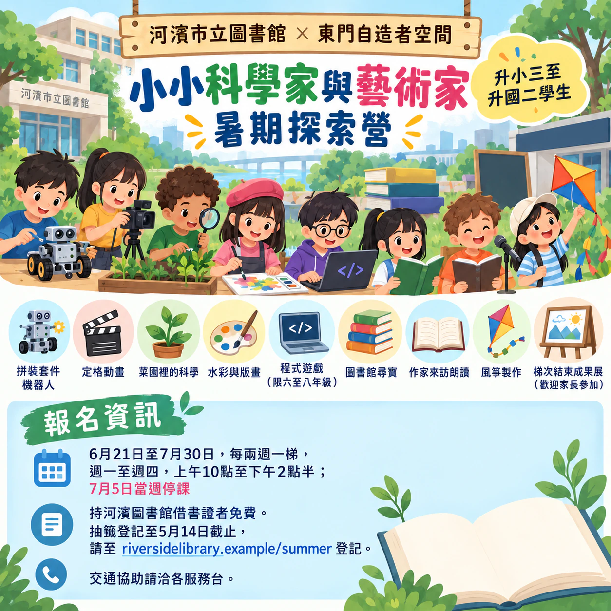 夏令營傳單，活動內容加報名資訊區：依年級招生的 STEAM 與藝術營隊，九項活動加上免費說明