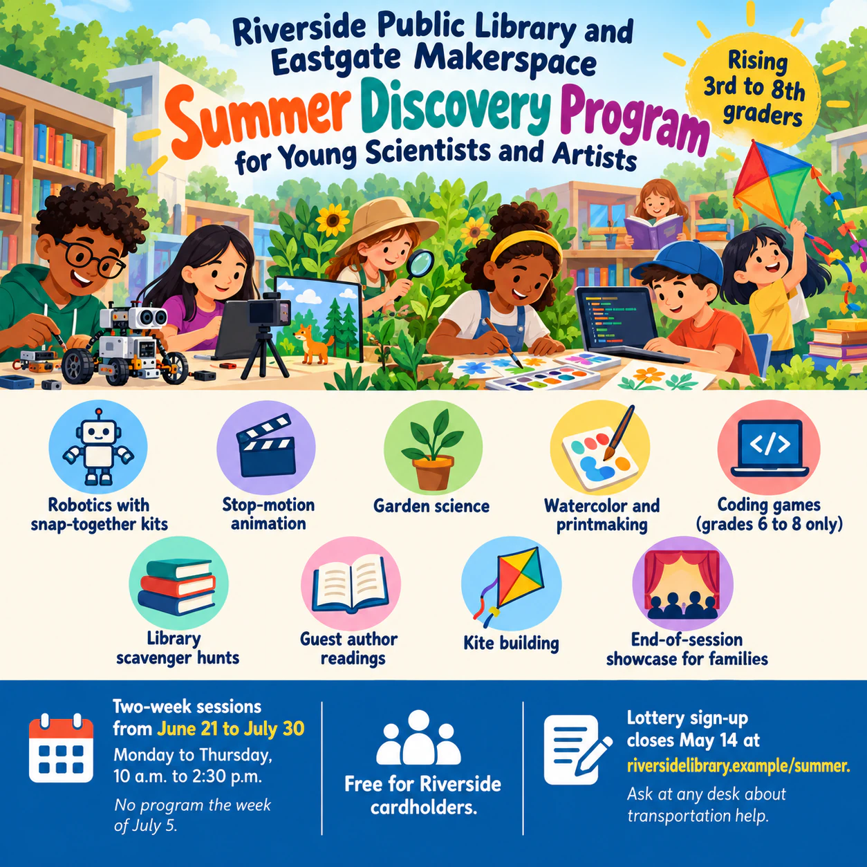 Summer camp flyer with activities and a registration panel: Grade-based STEM and arts program with nine activities and a scholarship line