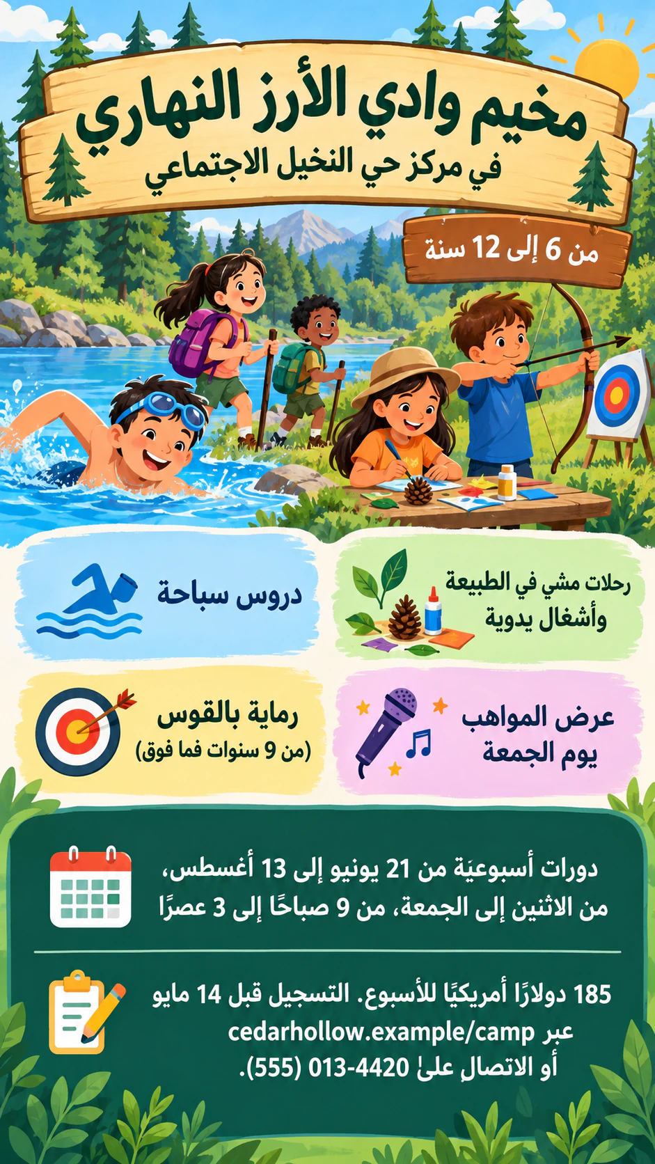 مثال على منشور إعلاني لمخيم صيفي بالأنشطة ولوحة للتسجيل