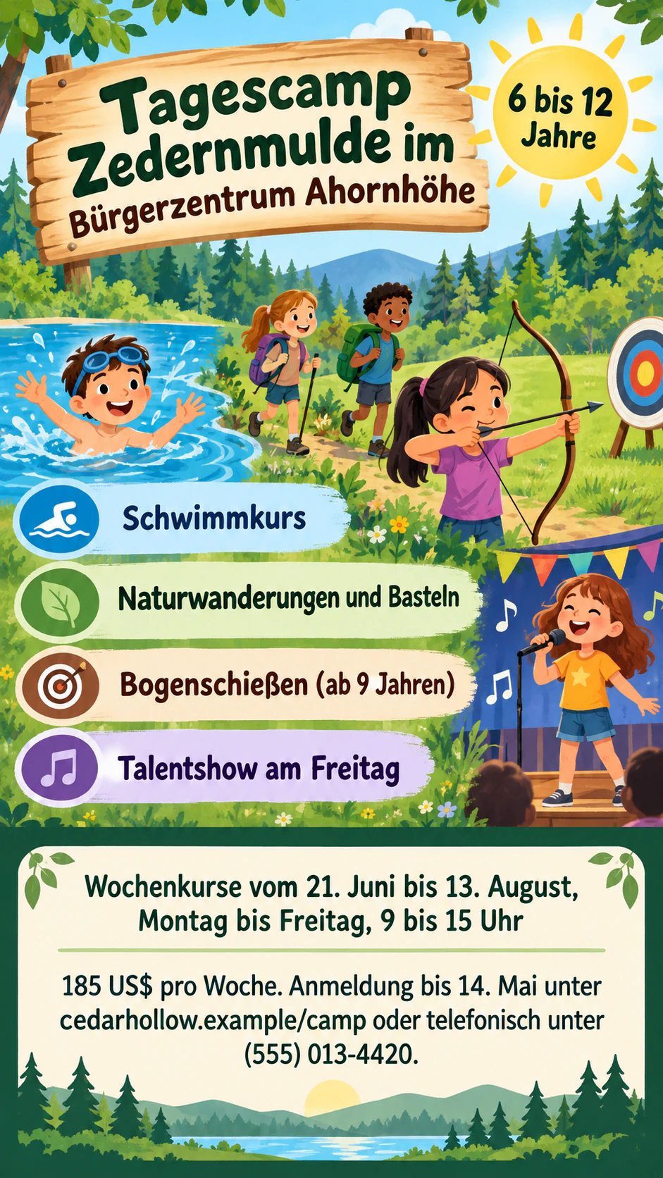 Beispiel: Flyer fürs Feriencamp mit Aktivitäten und Anmeldebereich