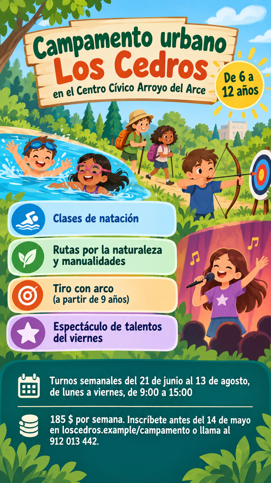 Ejemplo de Folleto de campamento de verano con actividades y un panel de inscripción