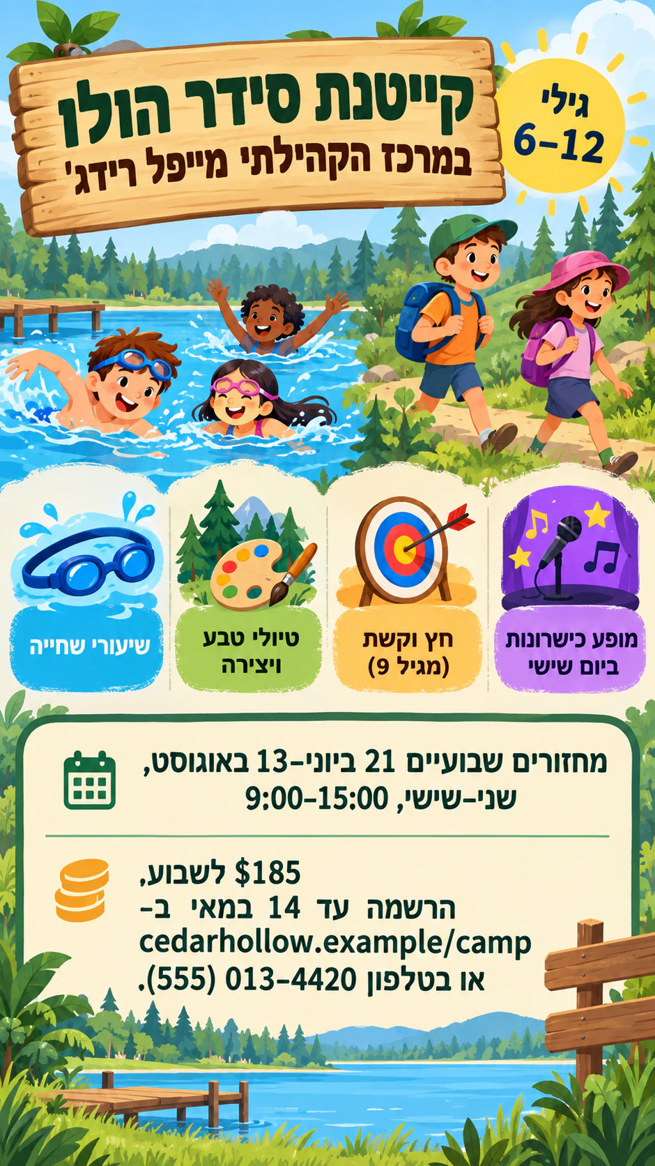 דוגמה: פלייר קייטנה עם פעילויות ולוח הרשמה