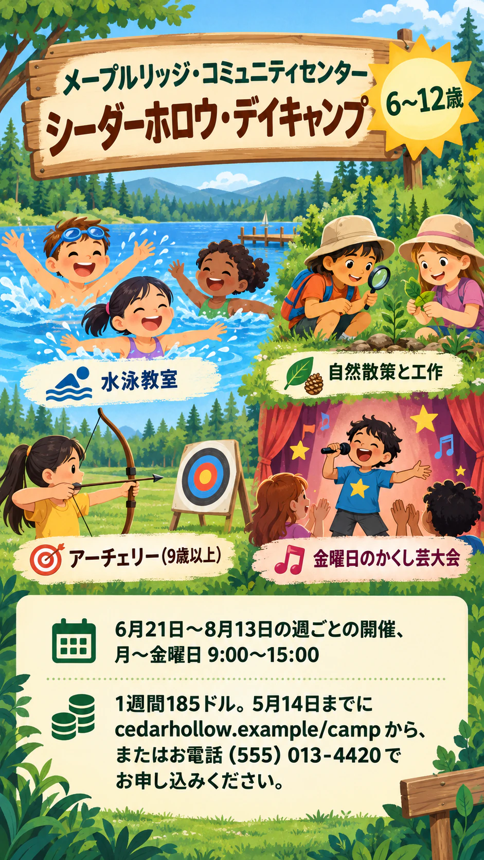 アクティビティと申込欄のあるサマーキャンプのチラシの作例