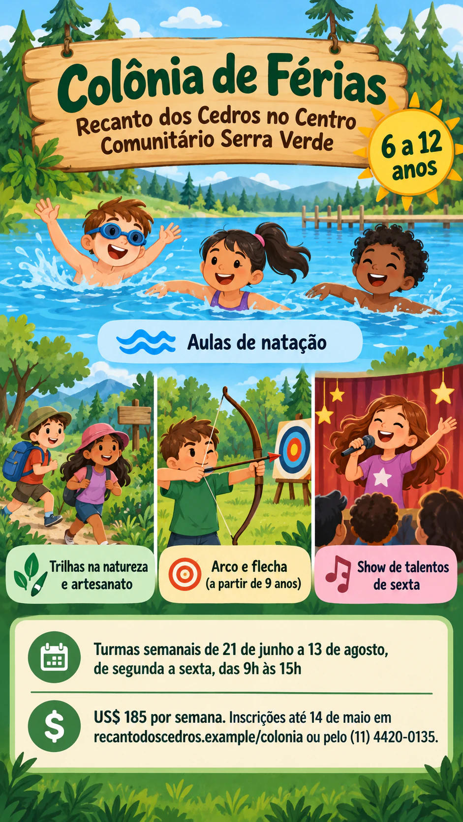 Exemplo de Flyer de colônia de férias com atividades e quadro de inscrição