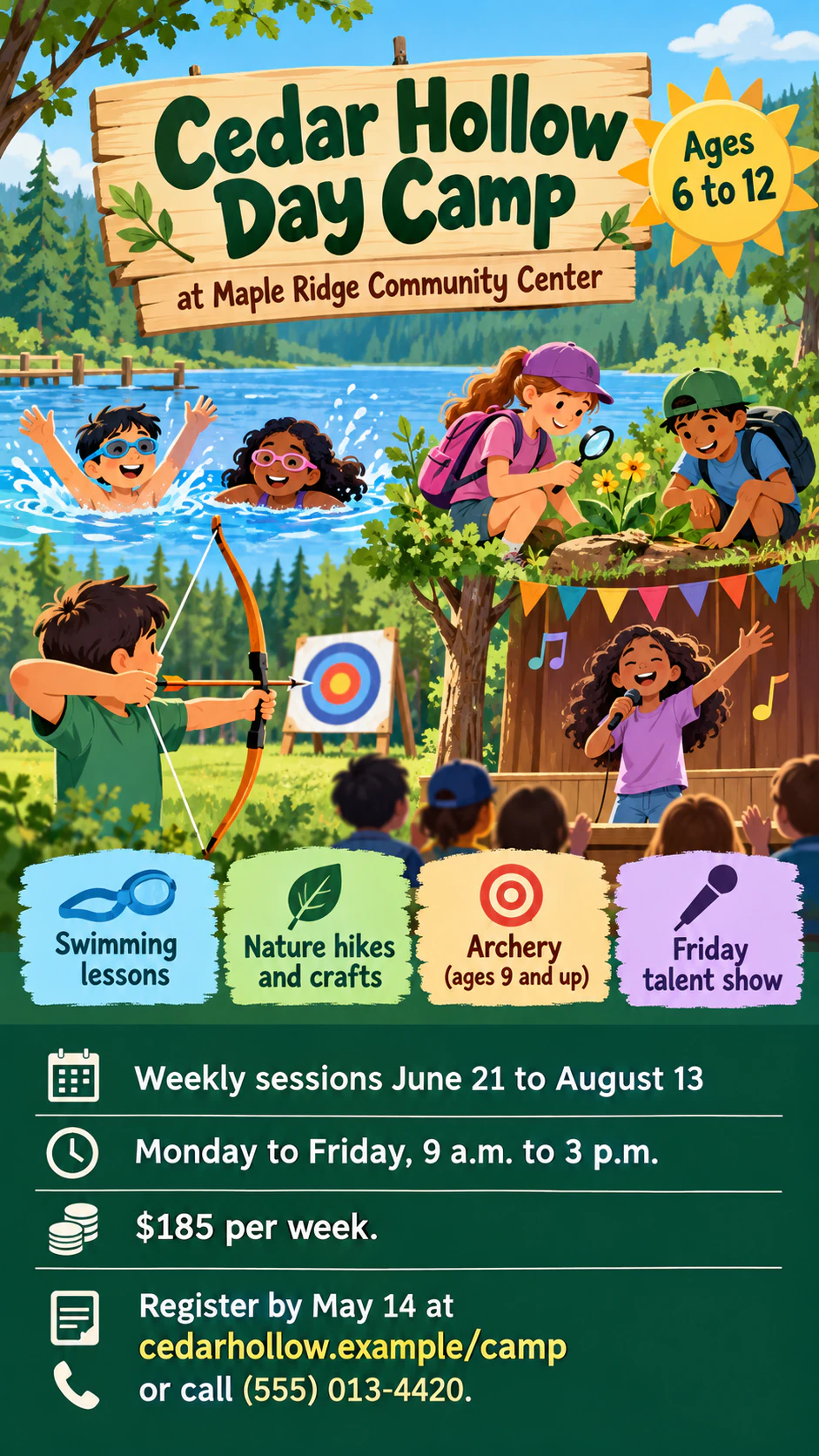 Summer camp flyer with activities and a registration panel example
